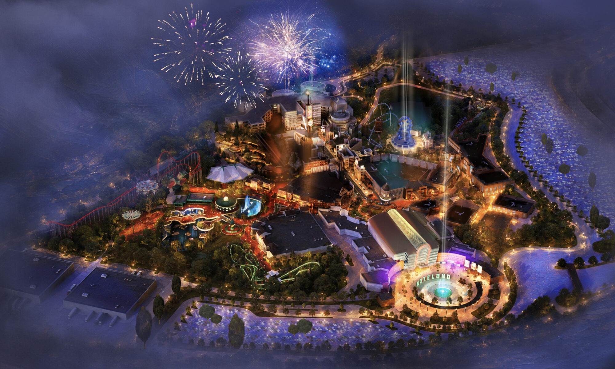 Aerial concept rendering of Nateland, a family entertainment destination in development for the greater Nashville area, by Storyland Studios.
