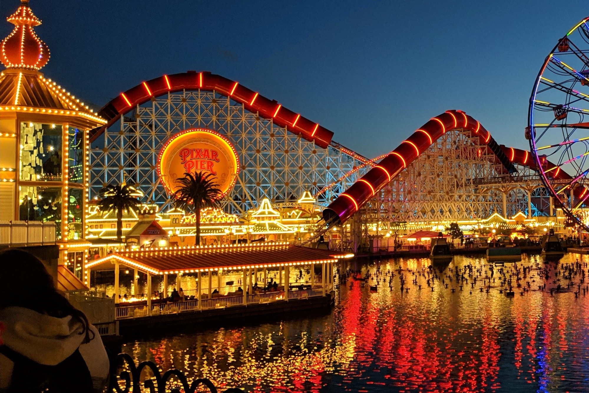 Pixar Pier and the Incredicoaster at sunset, Disney California Adventure Park
